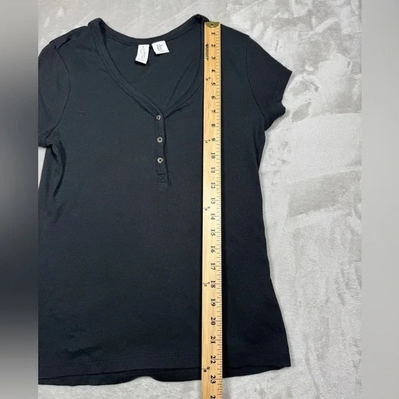 Joie Pima Cotton Blend Black Ribbed Henley Stretchy Short Sleeve Top Size M - Picture 4 of 12